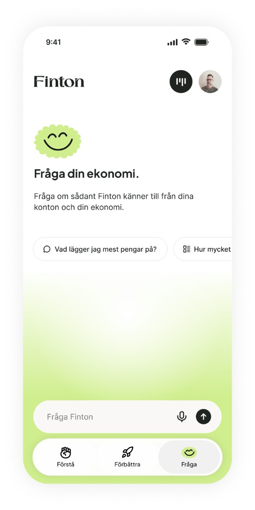 Finton-appen med Fråga-funktionen där du kan ställa frågor om din ekonomi