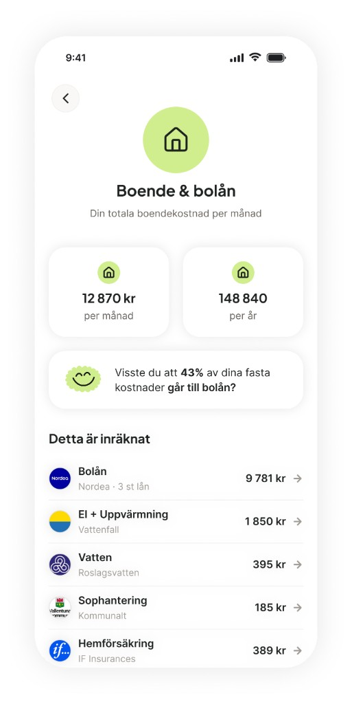 Finton-appen visar boende och bolån med total kostnad per månad och år