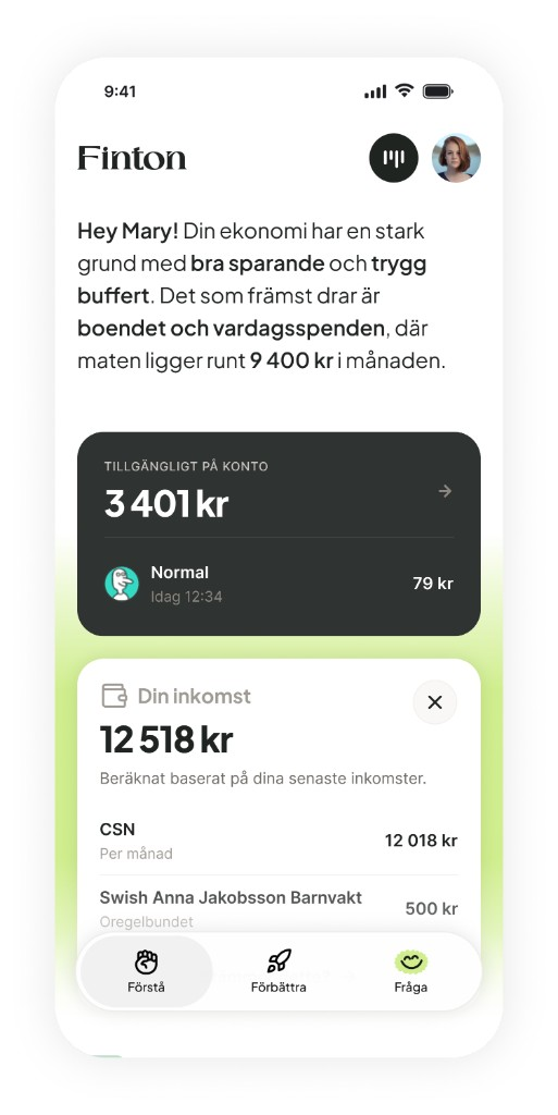Finton-appen visar inkomst, pengar på kontot och en sammanfattning av ekonomin