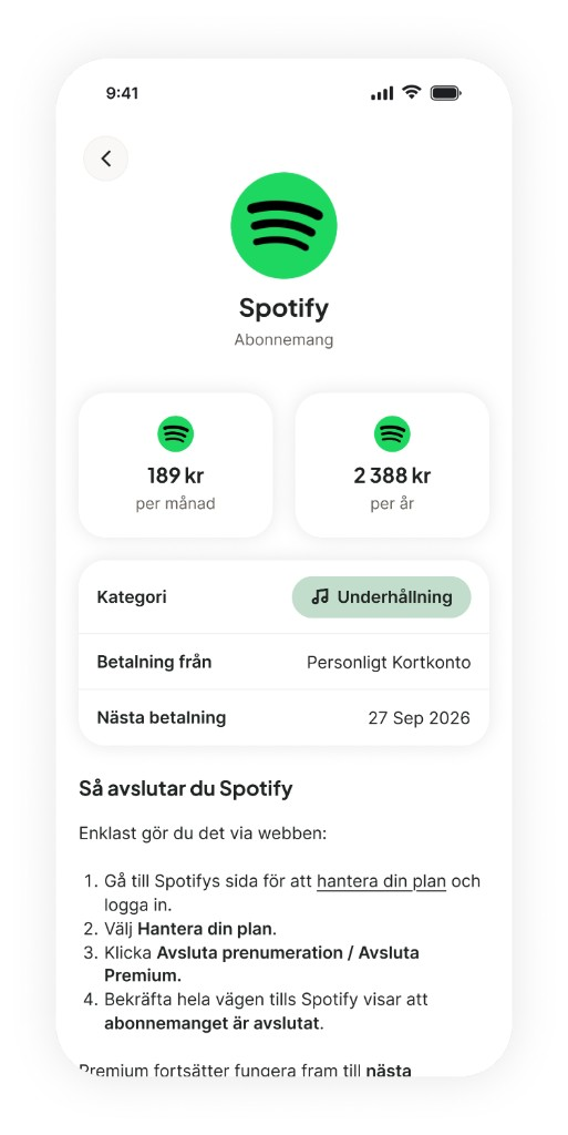 Finton-appen visar Spotify-abonnemang med kostnad per månad och år och steg för att avsluta det