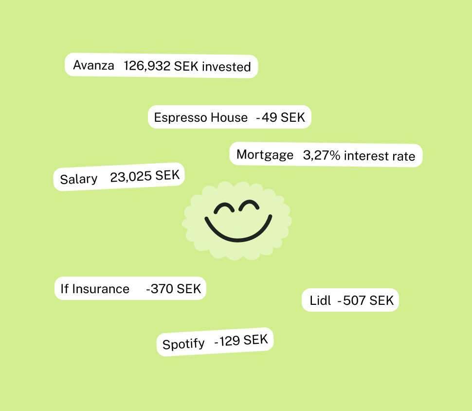The Finton character with examples of transactions, savings and loans